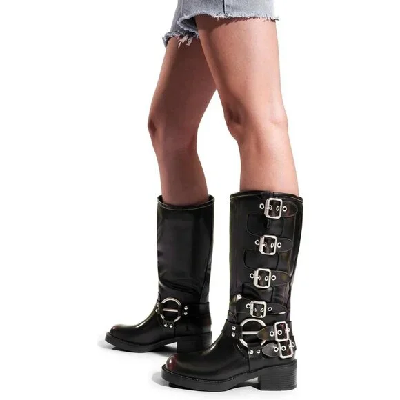 Women's Knee High Riding Boots Slip On Motorcycle Boot Fashion Buckle Biker Boot - Picture 2 of 7